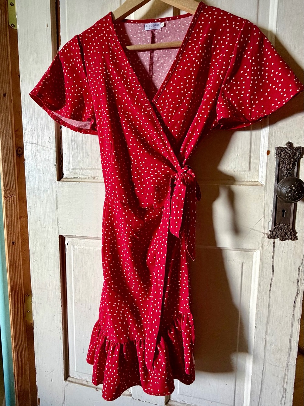 Retro-Inspired Red Polka Dot Wrap Dress Ruffle Hem Mini Dress